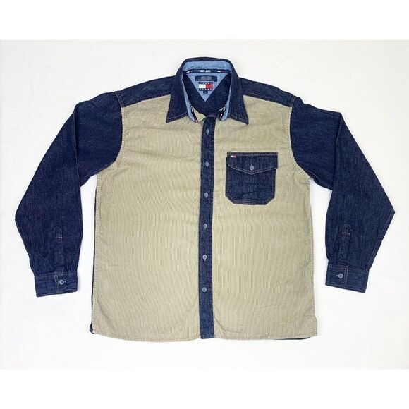 Vintage Tommy Hilfiger Jeans Shirt Large Blue Denim Corduroy Color Block - Picture 1 of 7
